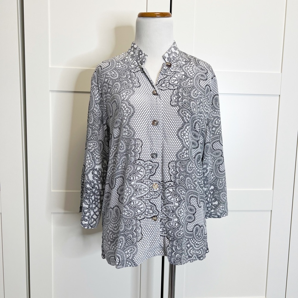 Citron Santa Monica Silk Blouse Mandarin Collar PM Black White
